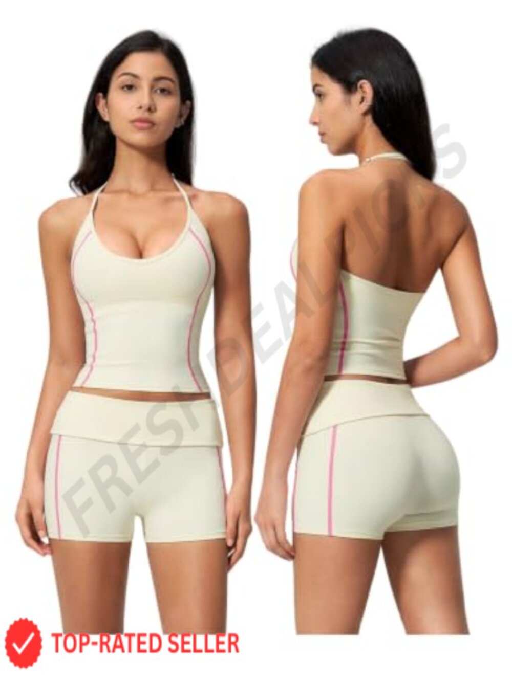 Women 2 Piece Workout Set Halter Open Back Top & Booty Lifting Shorts